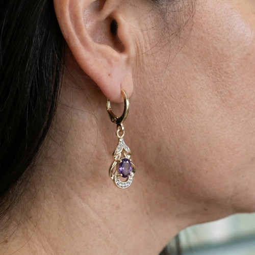 Boucles d'oreilles en améthyste en forme de goutte d'eau illuminées par la lune en or rose