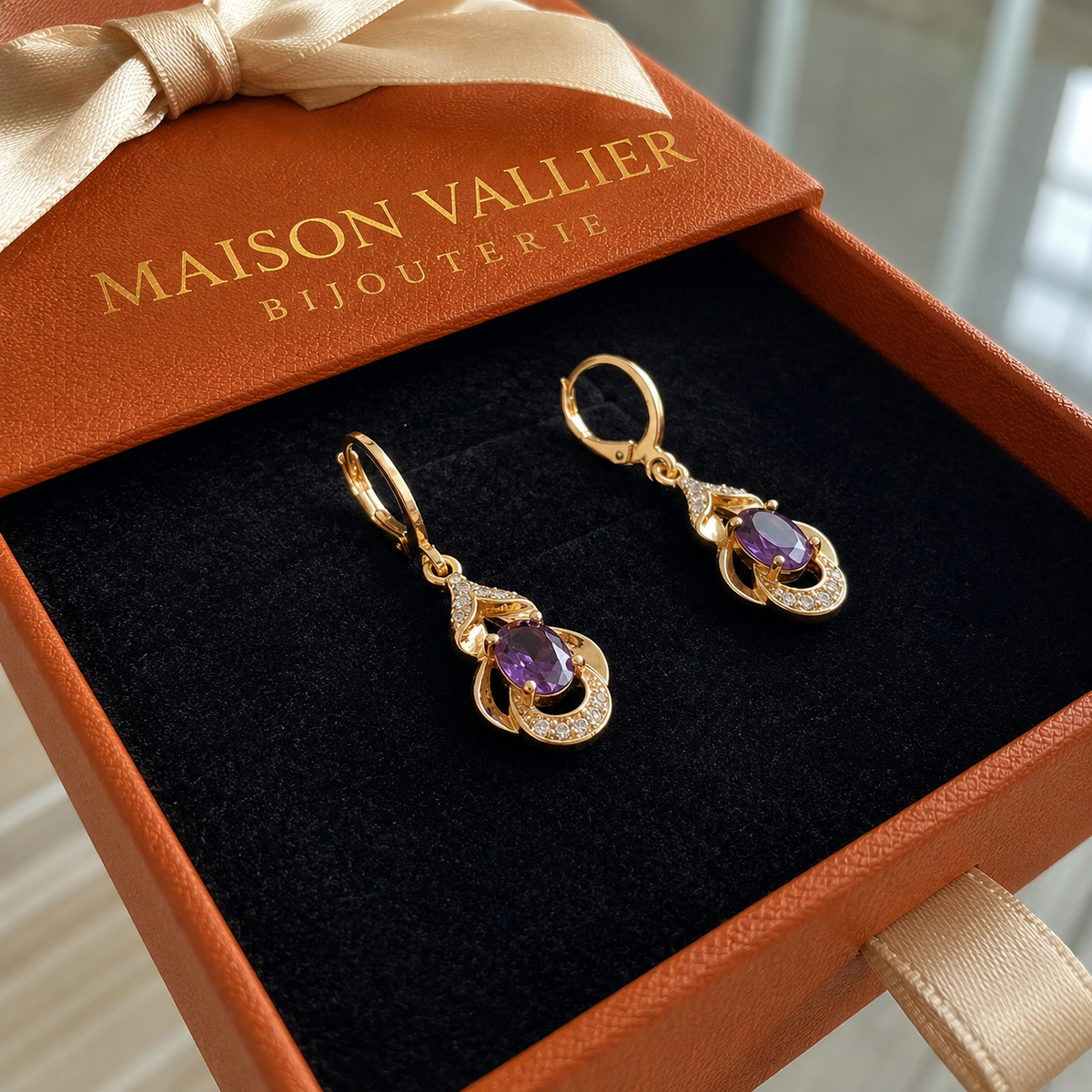Boucles d'oreilles en améthyste en forme de goutte d'eau illuminées par la lune en or rose