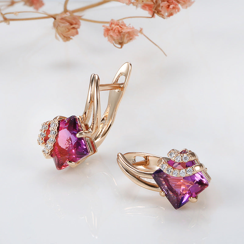 Boucles d'oreilles en cristal carré cramoisi en or rose