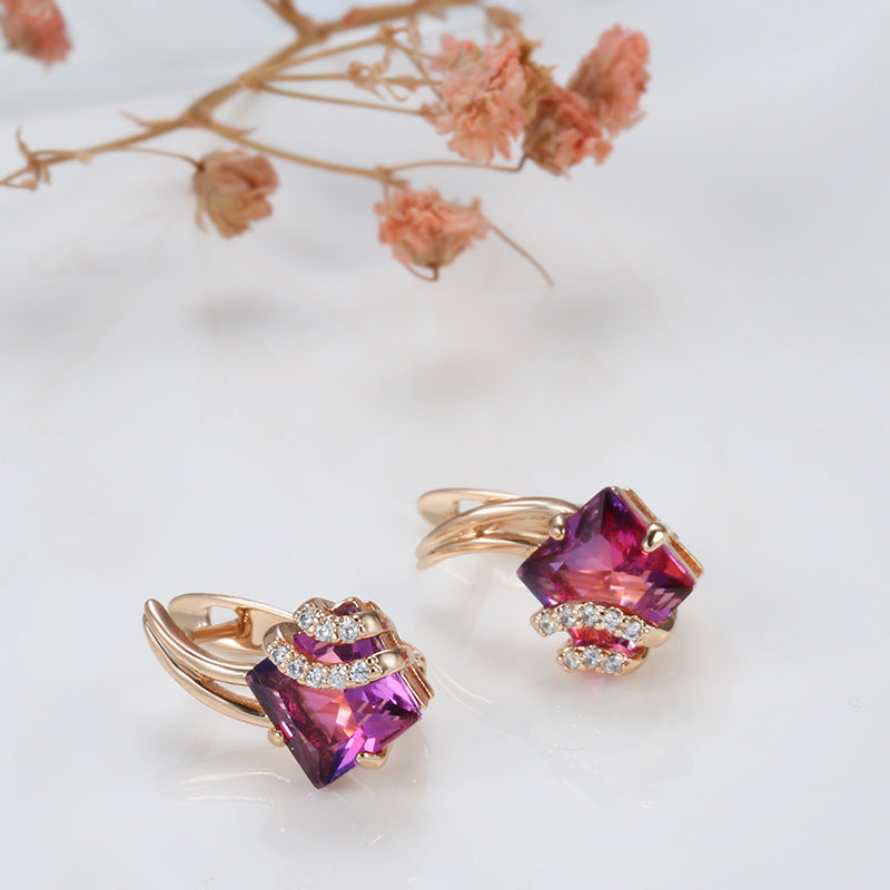 Boucles d'oreilles en cristal carré cramoisi en or rose