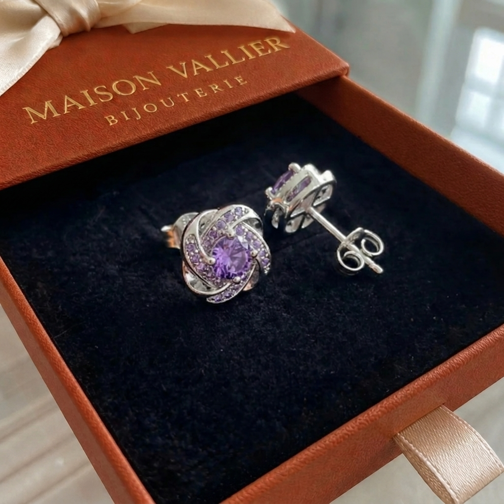 Boucles d'oreilles en cristal violet en forme de nœud en or blanc