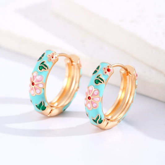 Boucles d'oreilles en forme de cerceau floral coloré | Or