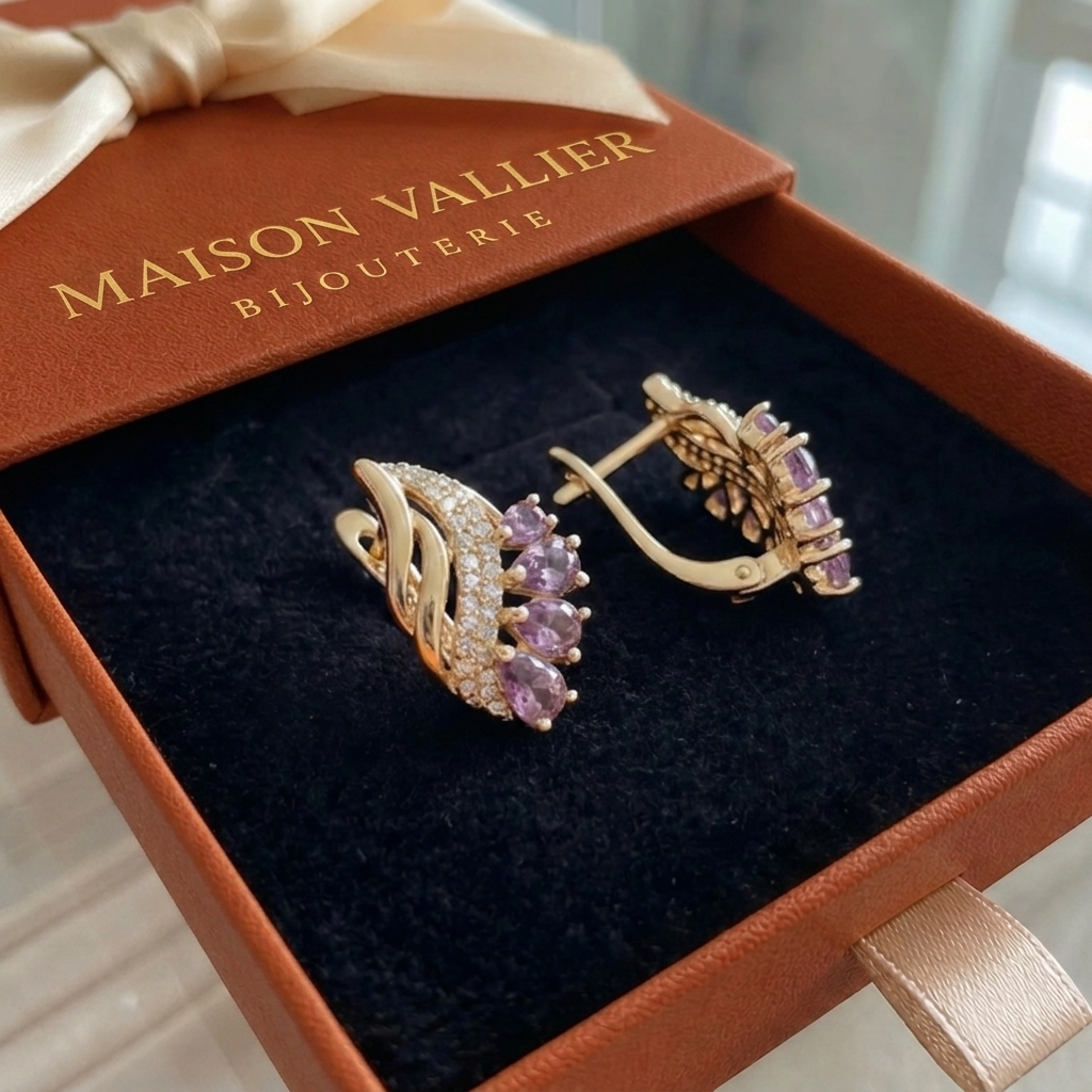 Boucles d'oreilles en plumes violettes Nyvella en or rose