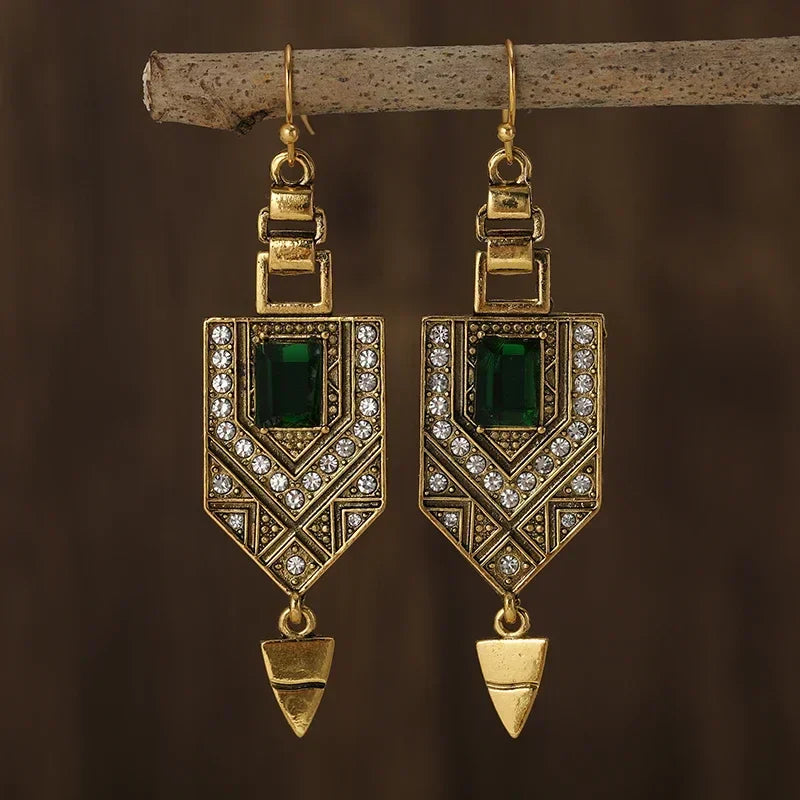 Boucles d'oreilles géométriques rétro et vert en or