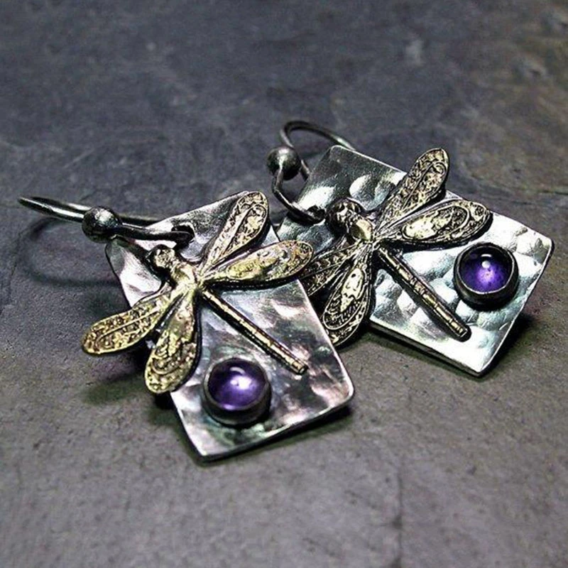 Boucles d'oreilles libellules rétro avec des cristaux violets en or
