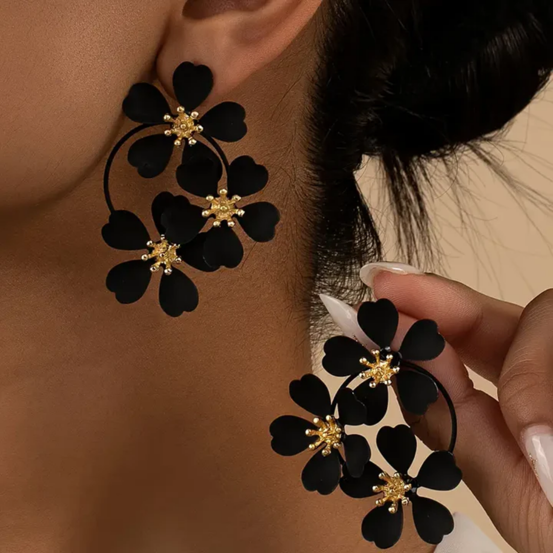 Boucles d'oreilles rétro pendantes avec fleurs noires en or