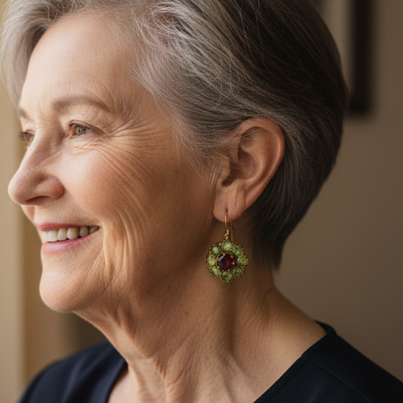 Boucles d'oreilles rétro rondes avec des cristaux verts et rouges
