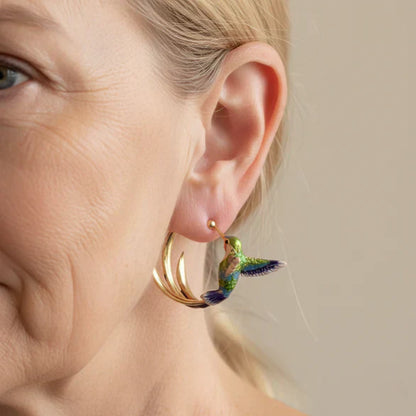 Boucles d'oreilles vintage avec colibri en émail