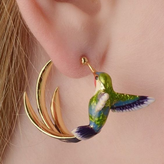 Boucles d'oreilles vintage avec colibri en émail
