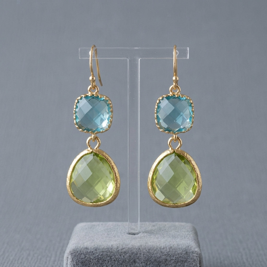 Boucles d'oreilles vintage avec turquoise et pierre de lune en or