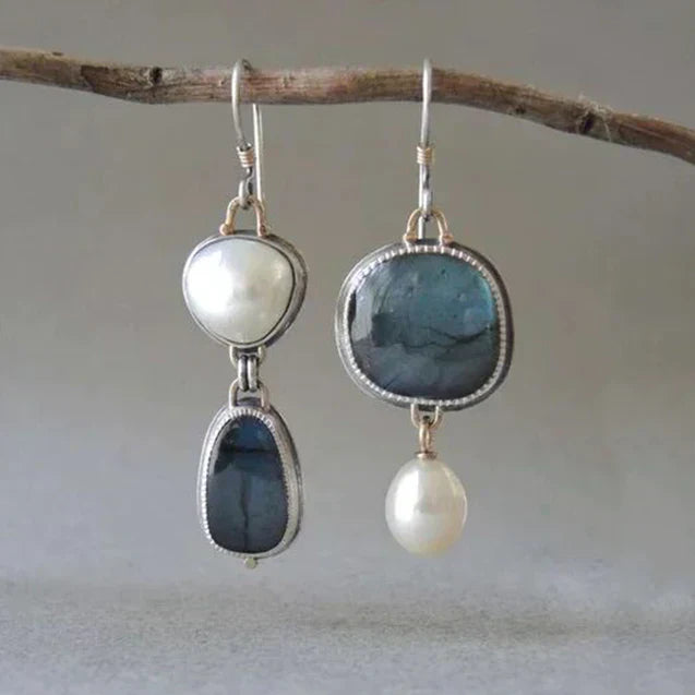 Boucles d'oreilles vintage en argent avec pierres naturelles et perles