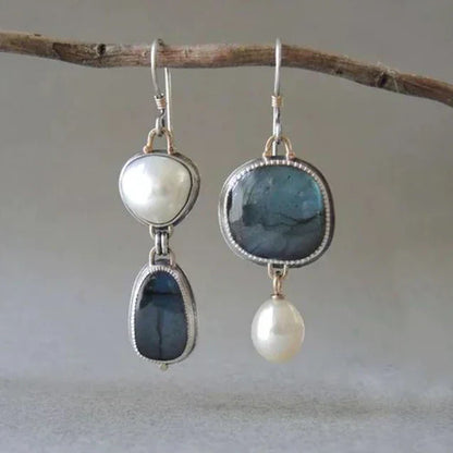 Boucles d'oreilles vintage en argent avec pierres naturelles et perles