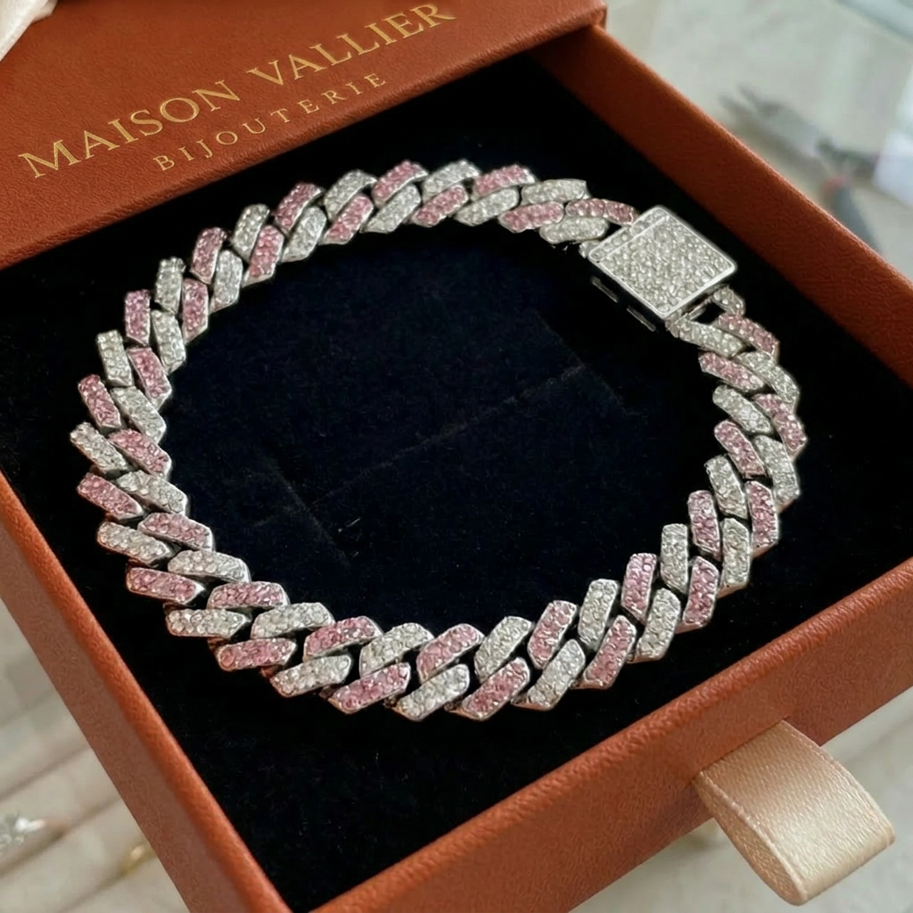 Bracelet cubain pailleté rose en or blanc