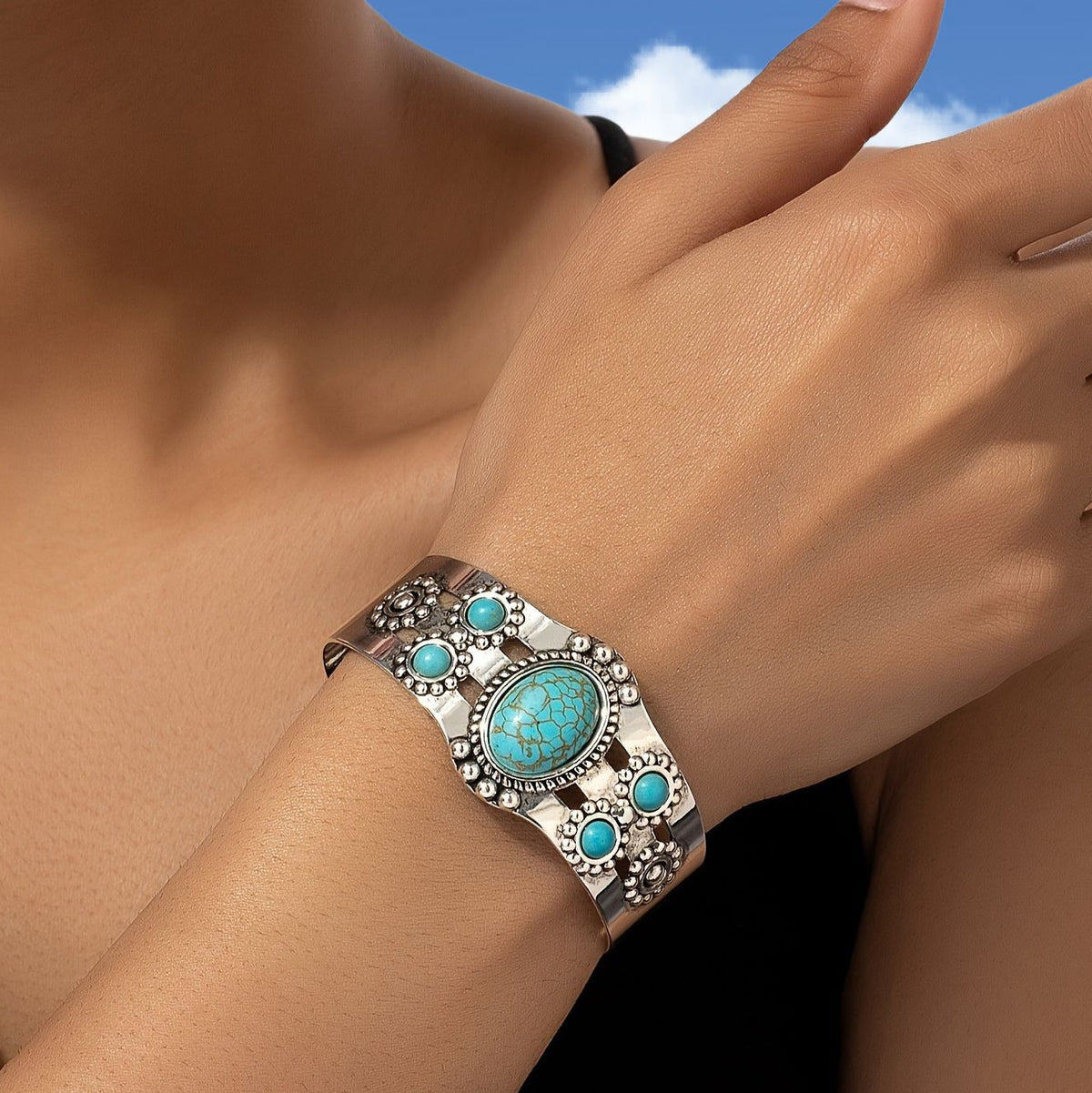 Bracelet manchette Seren turquoise en or blanc