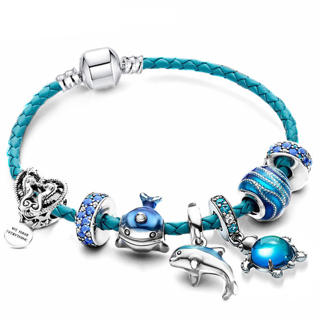 Bracelet océan + pendentifs en cuir et inclus en or blanc