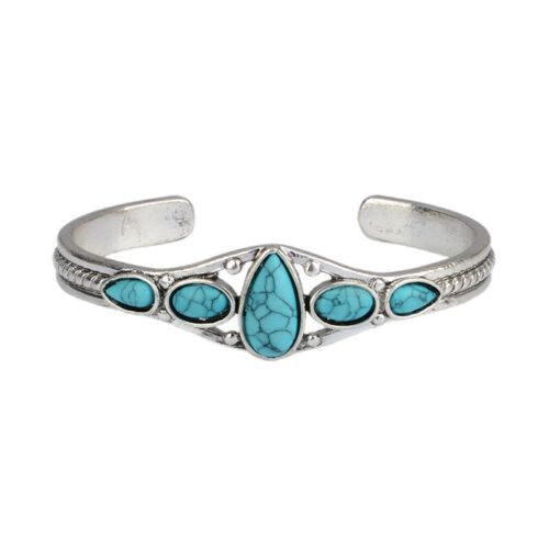 Bracelet ouvert en forme de goutte d'eau turquoise en or blanc