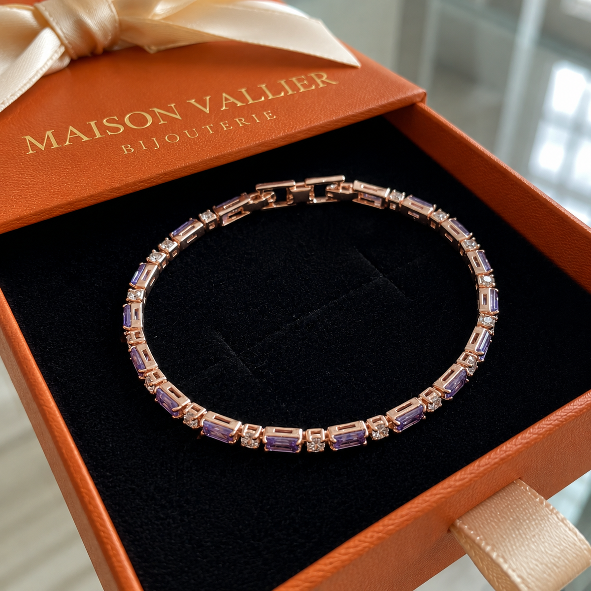 Bracelet tennis prisme améthyste en or rose