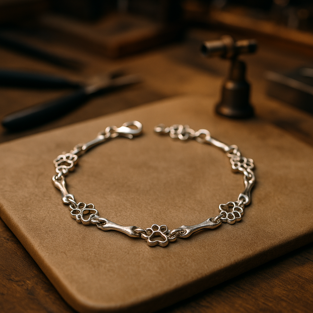 Bracelet avec pattes de chien suspendues et Os Brut, Édition limitée en or blanc
