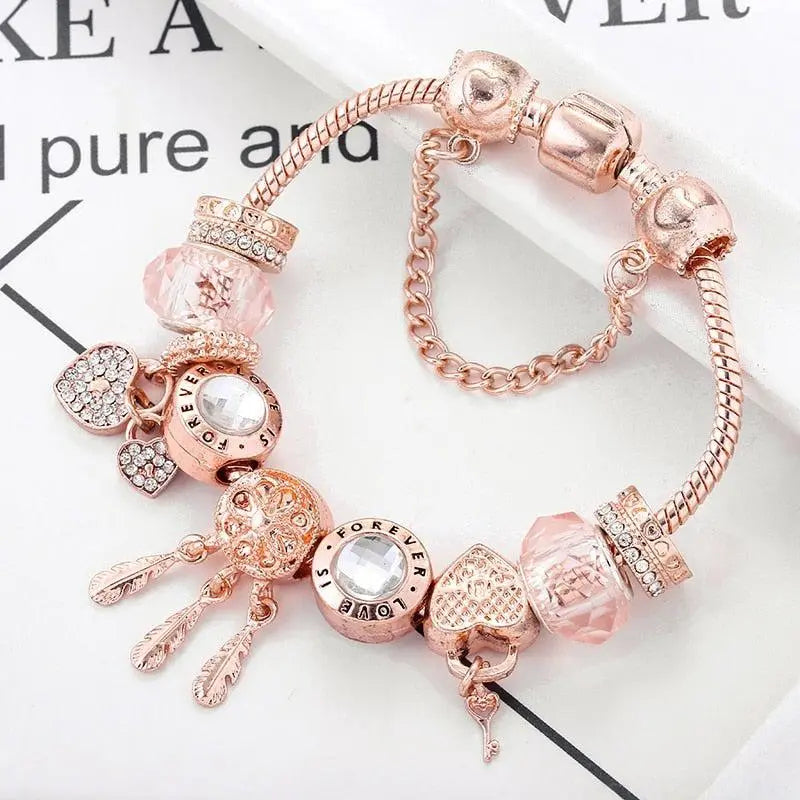 Bracelet capteur de rêves rose avec pendentifs en or blanc