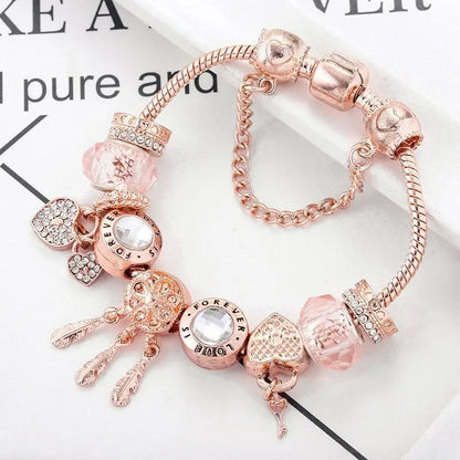 Bracelet capteur de rêves rose avec pendentifs en argent