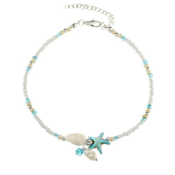 Bracelet de cheville avec étoiles et coquillage en pierres naturelles en or