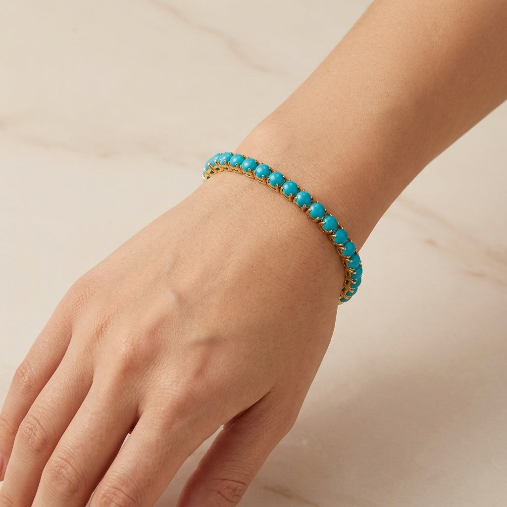 Bracelet de tennis rond turquoise en or
