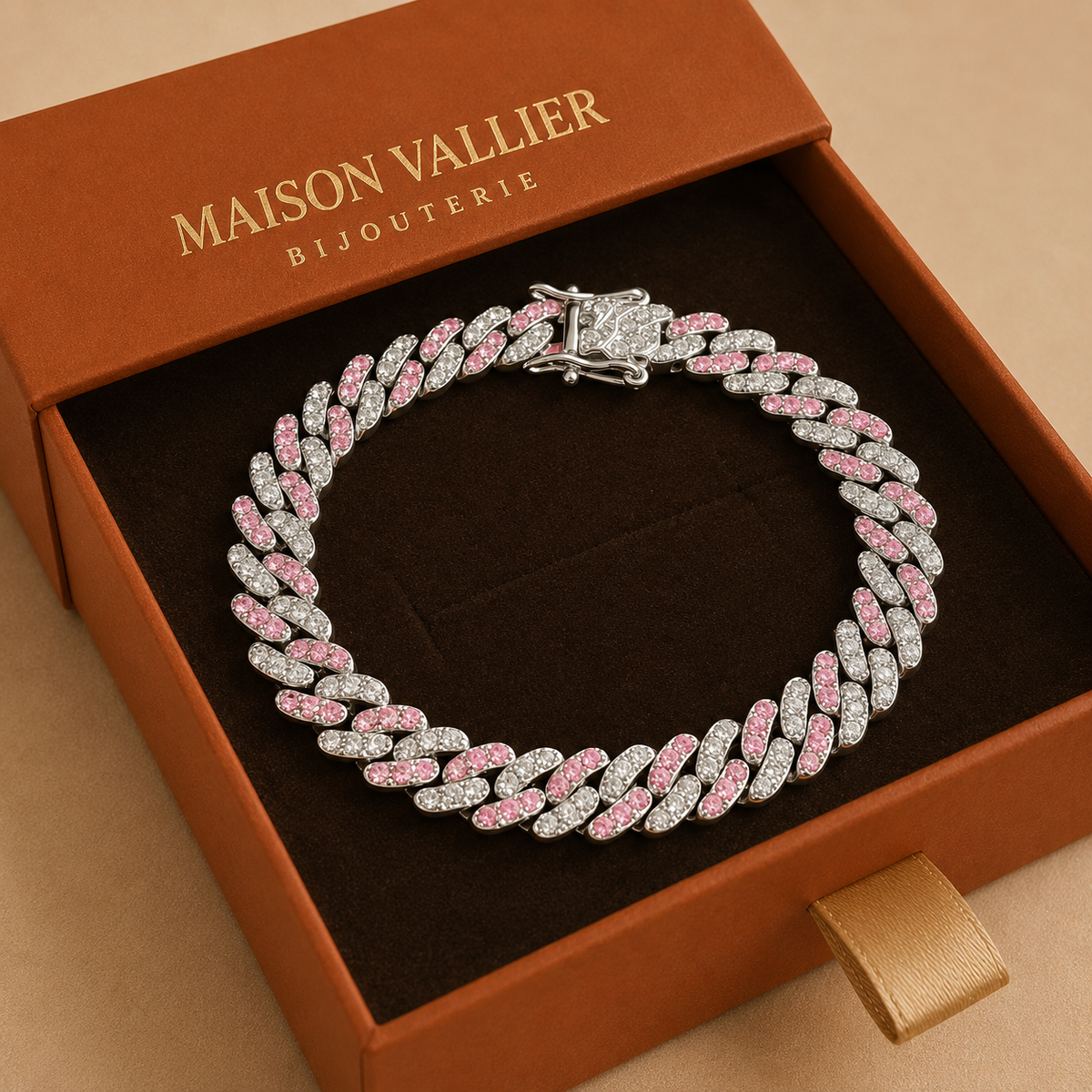 Bracelet maille cubaine rosé arctique en or blanc