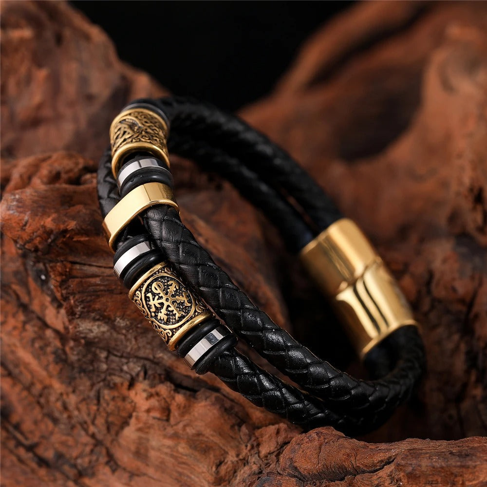 Bracelet en cuir noir tressé avec pendentif en or