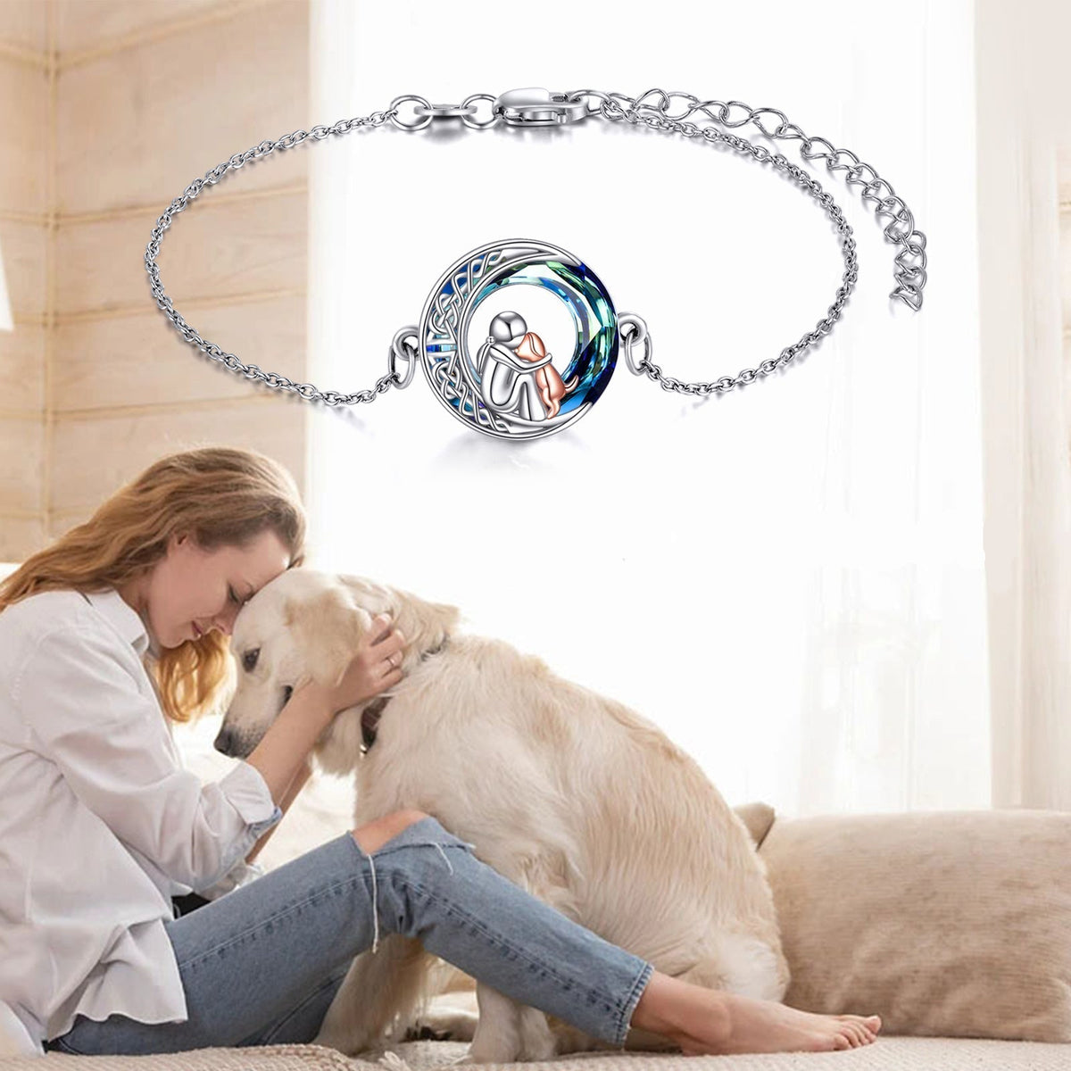 Bracelet réglable avec pendentif en forme de chien en or blanc