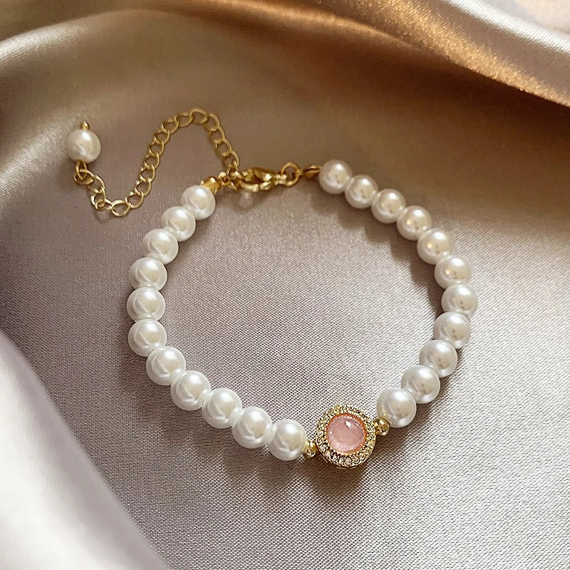 Bracelet rétro avec perles et quartz rose en or