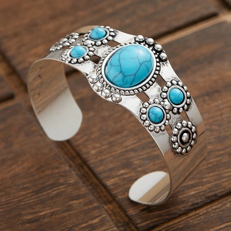 Bracelet rétro ouvert ajustable et turquoise en or blanc