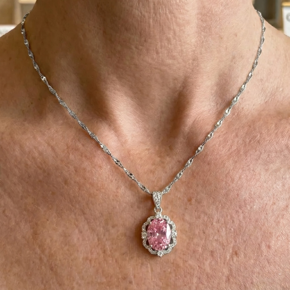 Collier auréole couronne ovale rose en or blanc