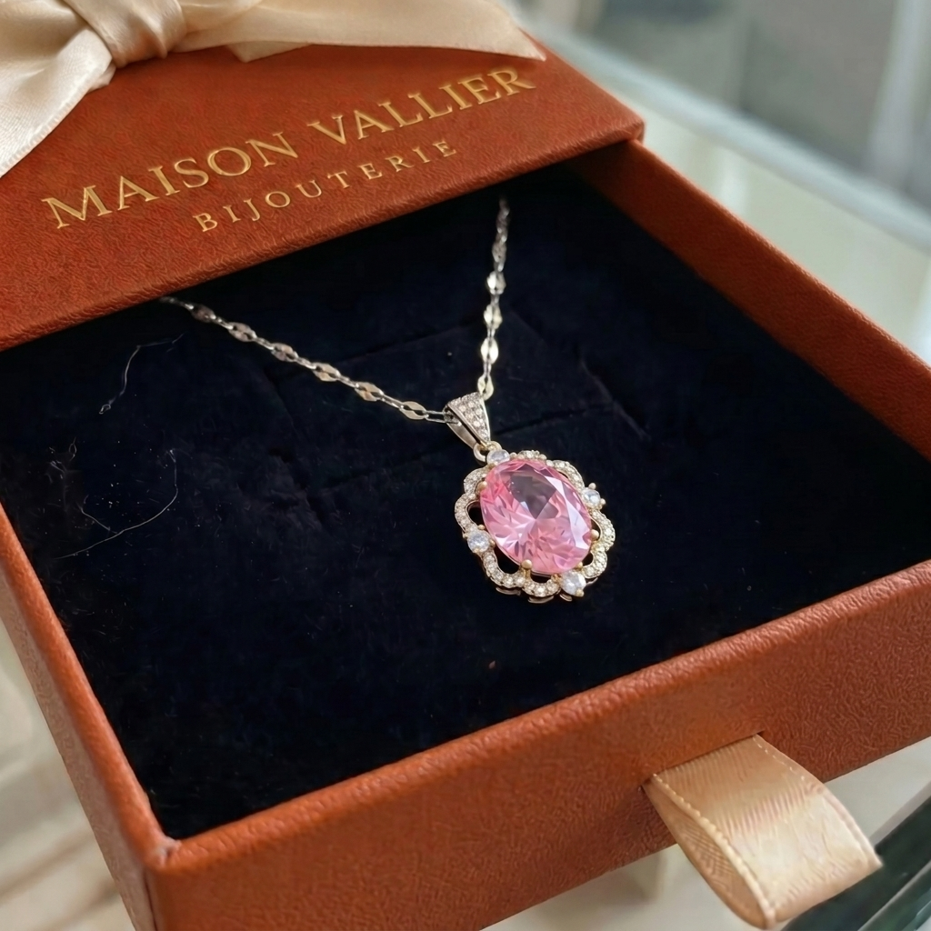 Collier auréole couronne ovale rose en or blanc
