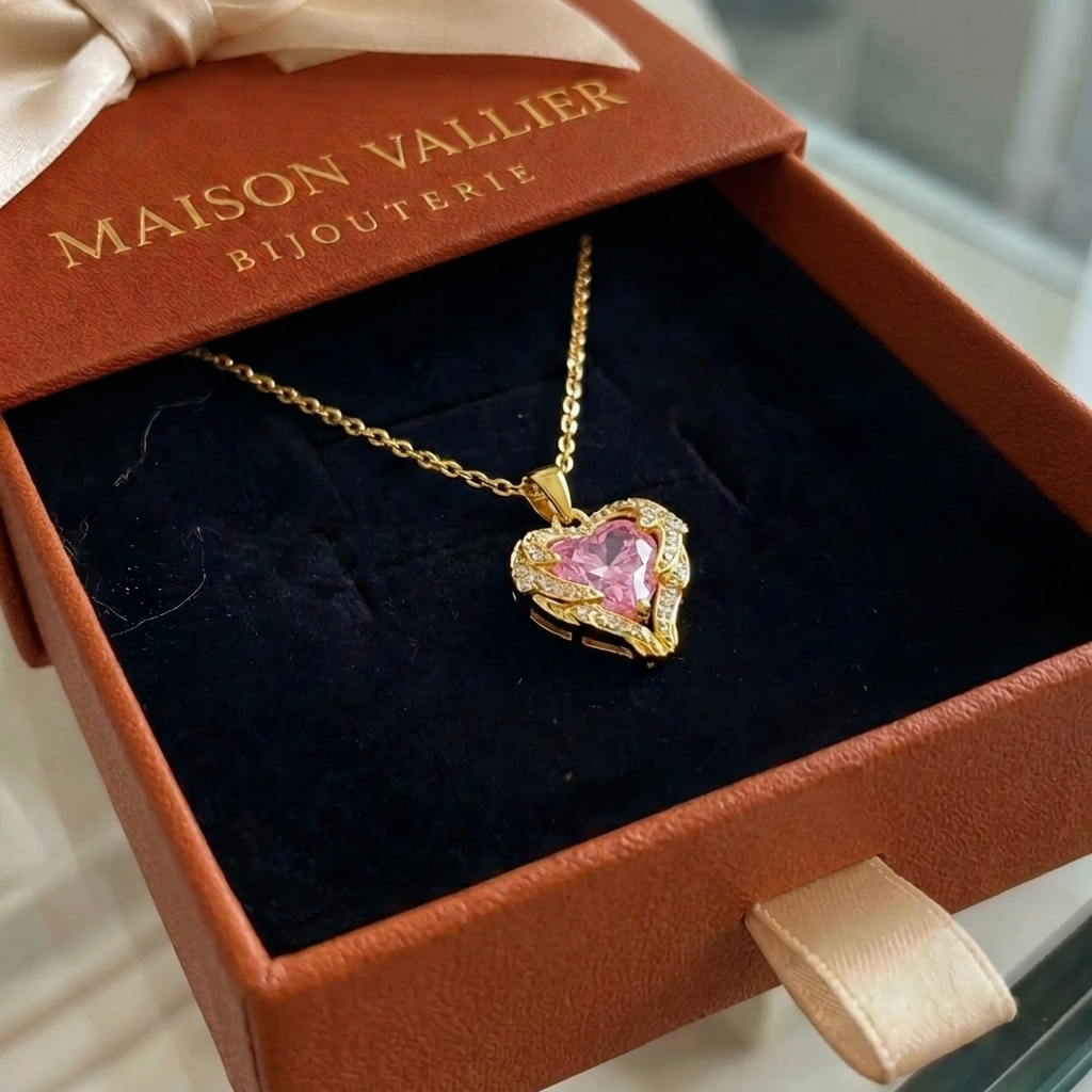 Collier cœur rose étreinte d'ange en or