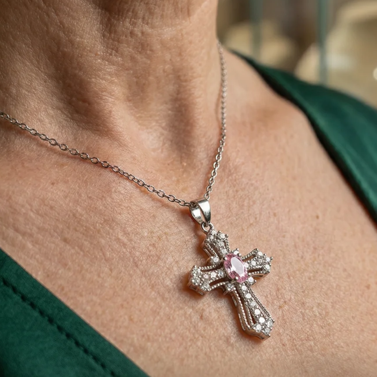 Collier croix céleste rose en or blanc