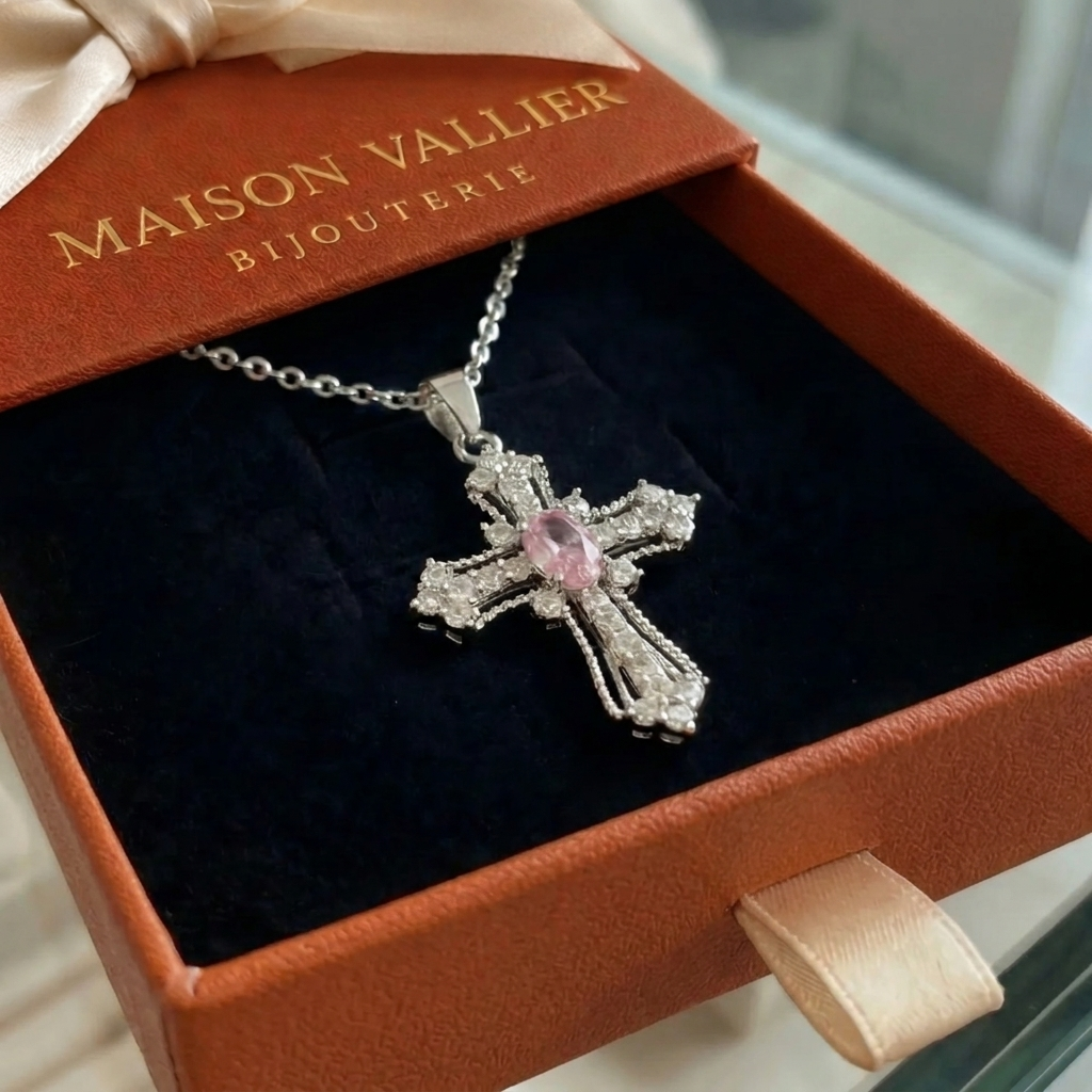 Collier croix céleste rose en or blanc