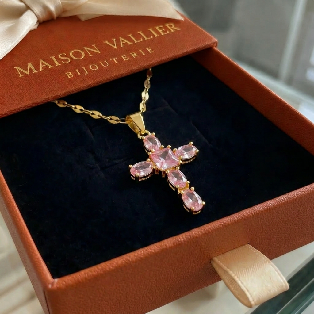 Collier croix de Foi rose en or