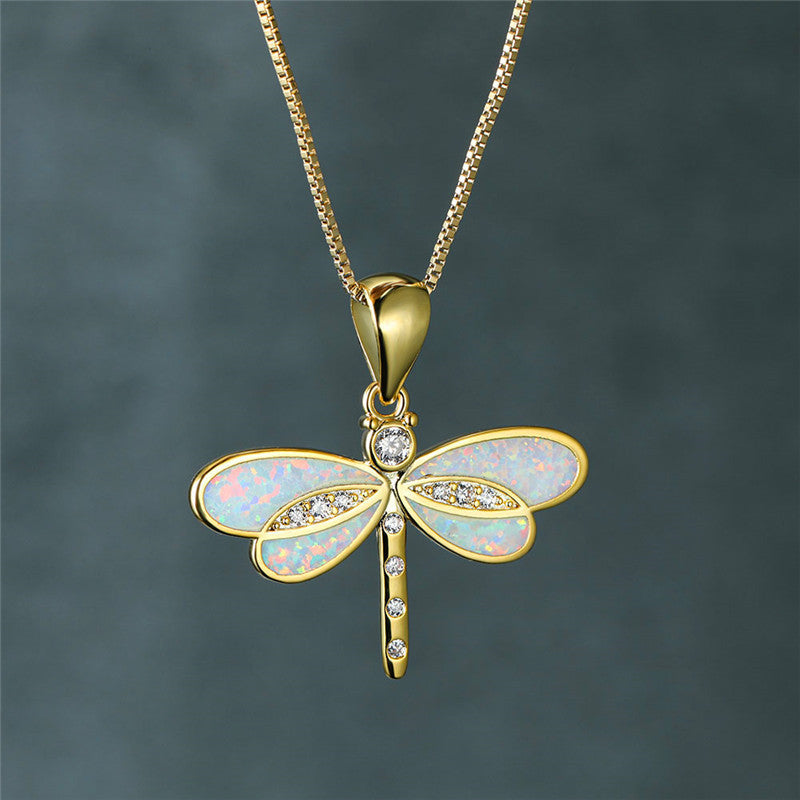 Collier libellule avec opale en or