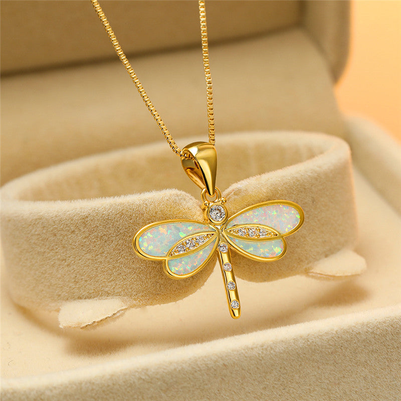 Collier libellule avec opale en or