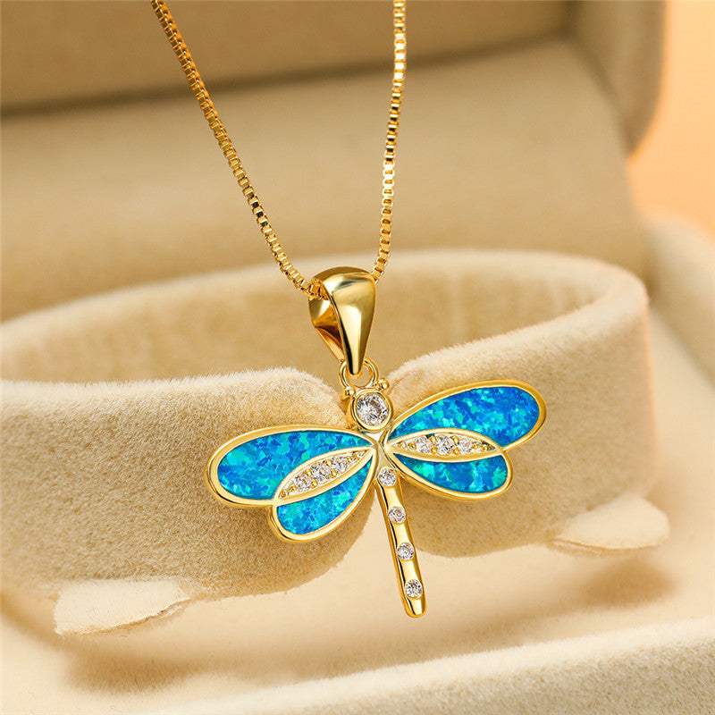 Collier libellule avec opale en or