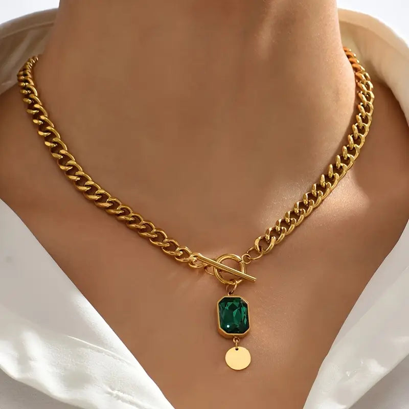 Collier pendentif chaîne émeraude épais en or