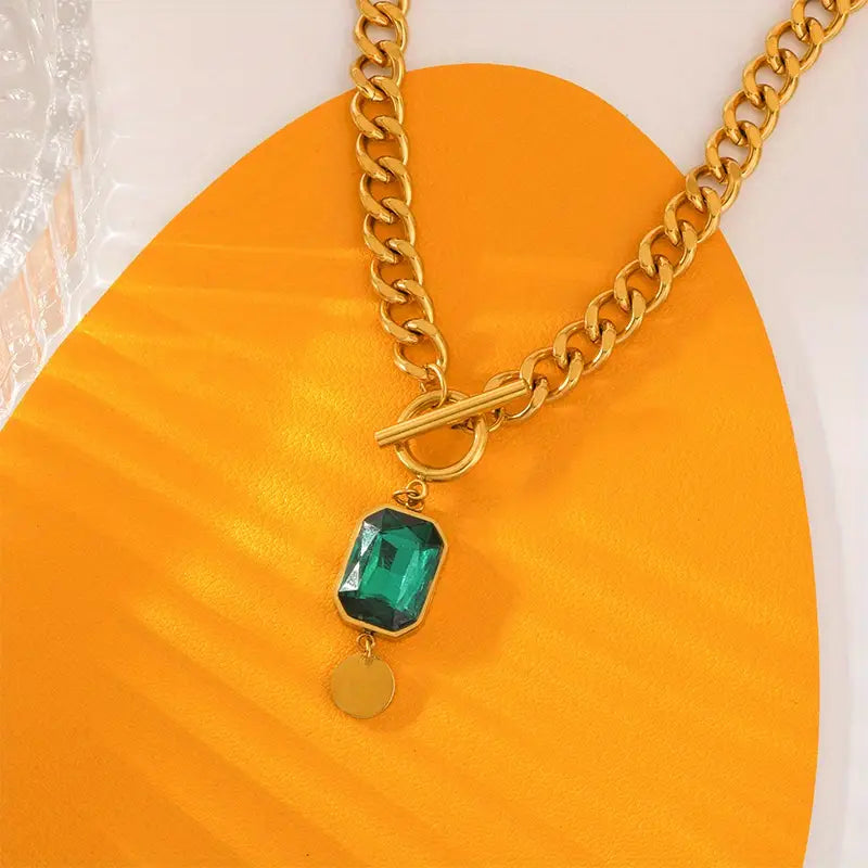 Collier pendentif chaîne émeraude épais en or