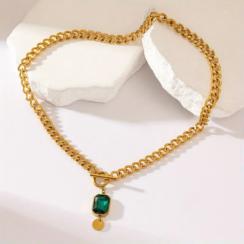 Collier pendentif chaîne émeraude épais en or