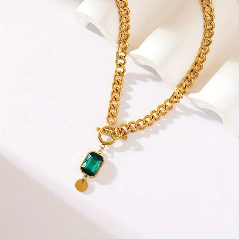 Collier pendentif chaîne émeraude épais en or