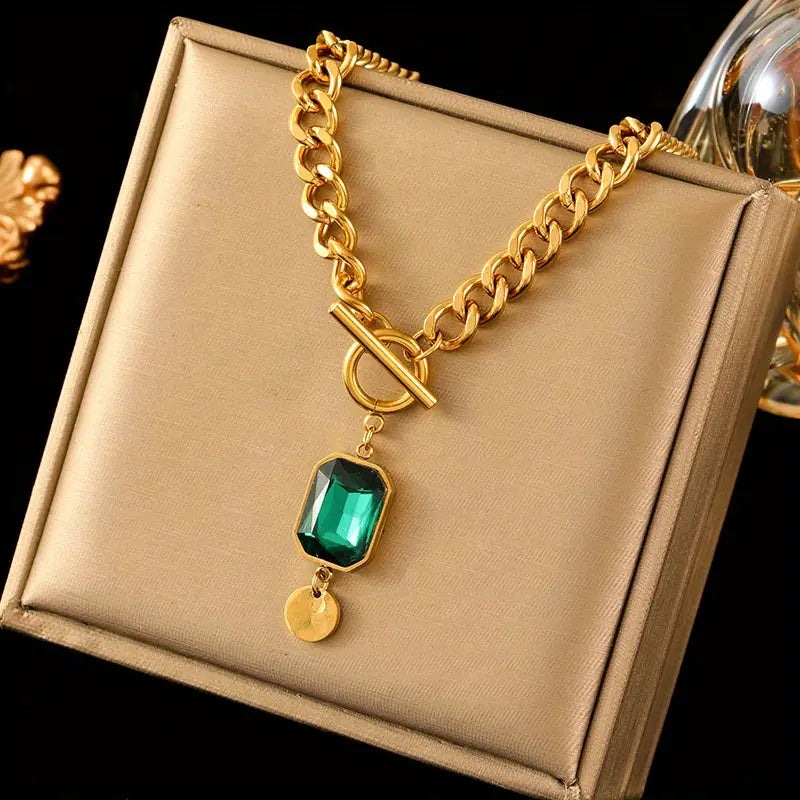 Collier pendentif chaîne émeraude épais en or