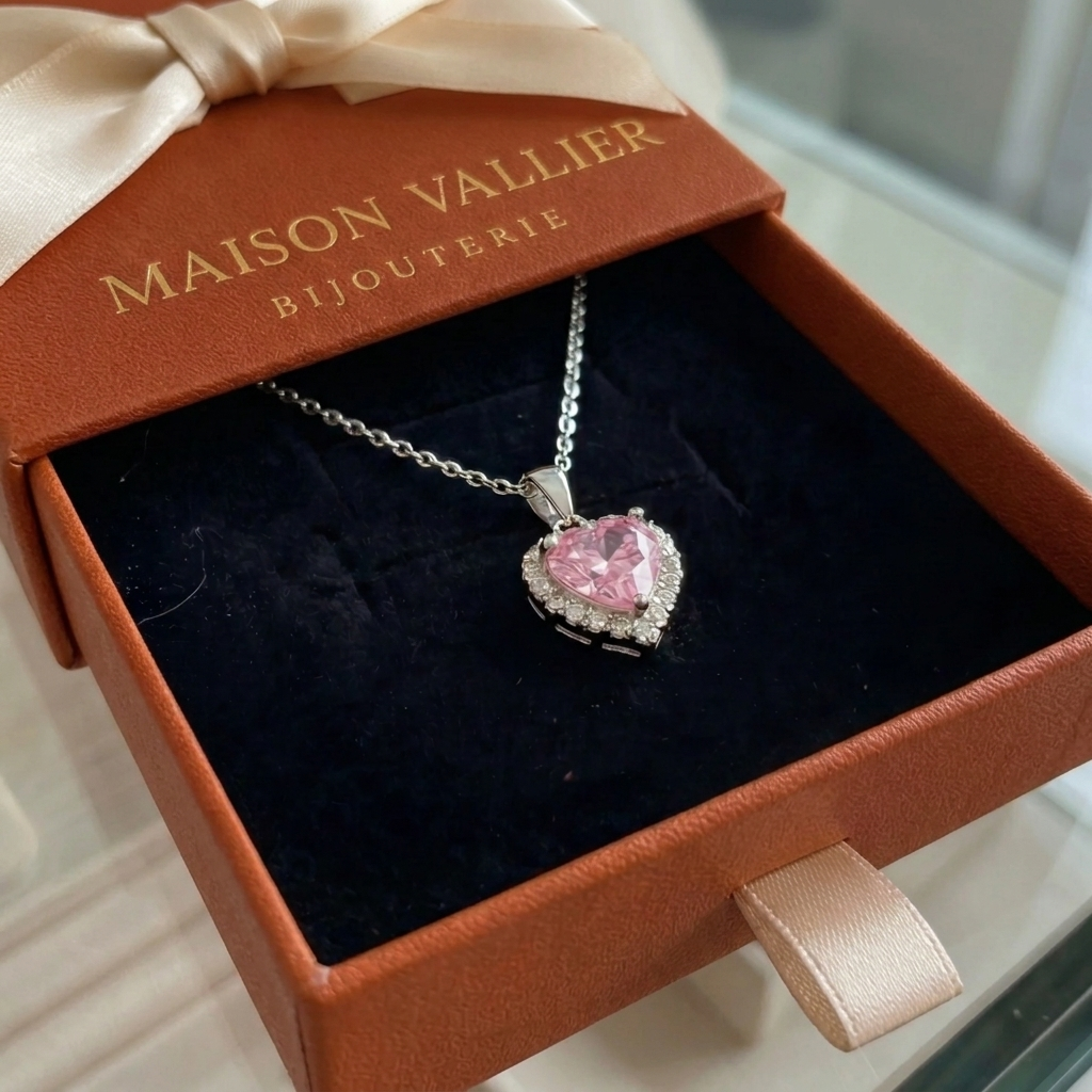Collier radiance cœur rose en or blanc