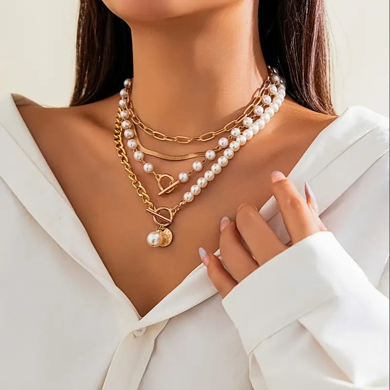 Collier vintage en perles & chaîne en or