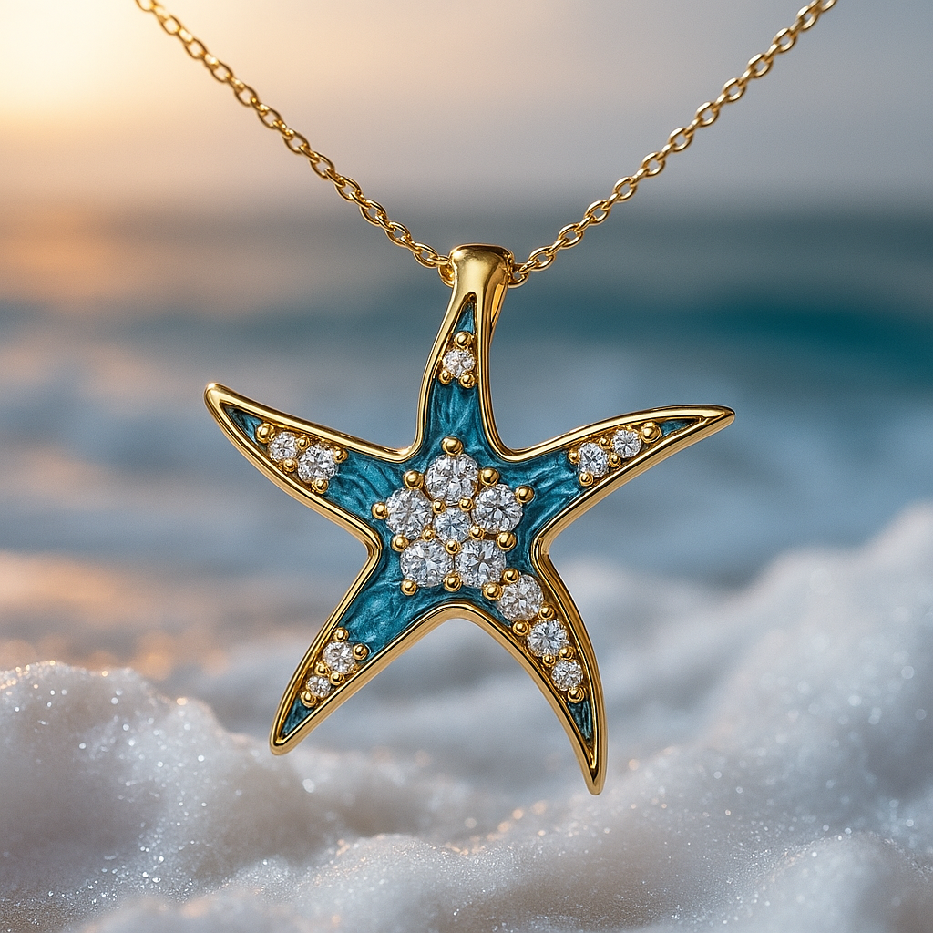 Collier avec étoile de mer en bleu brillant et opale en or
