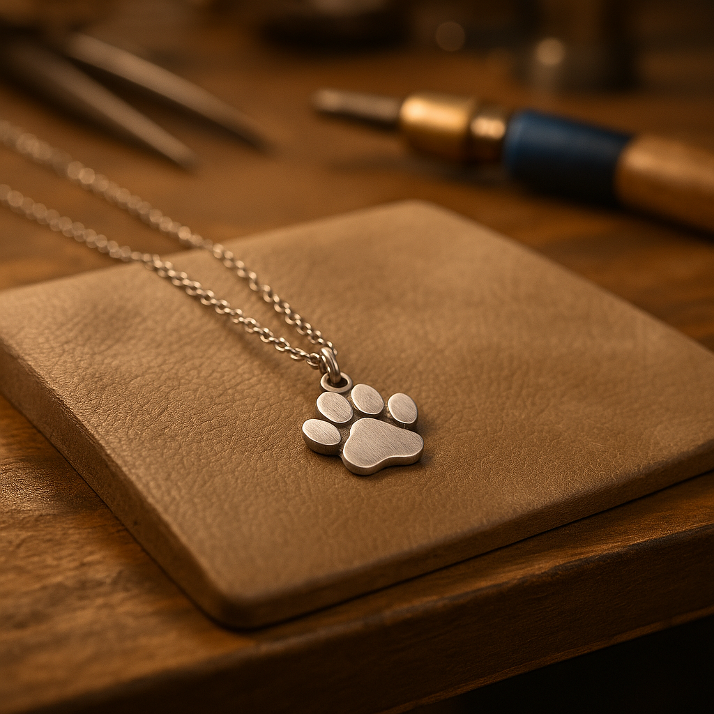 Collier avec patte, acier inoxydable en or blanc