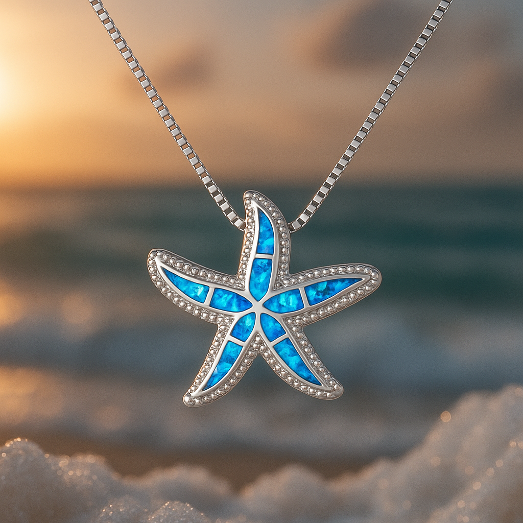 Collier avec étoile de mer lumineuse et opale en or blanc